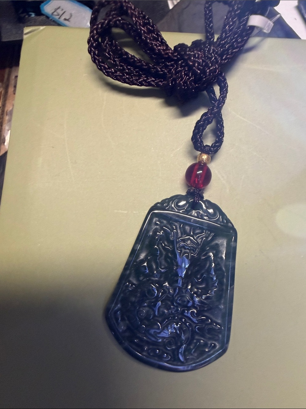 Dark Green Carved dragon Jade-Style Pendant Necklace with Red Accent